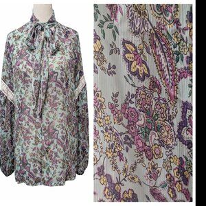 Cocomore Womens NWT Size 40/US M-L Blue Floral Neck Tie Semi Sheer Blouse Top